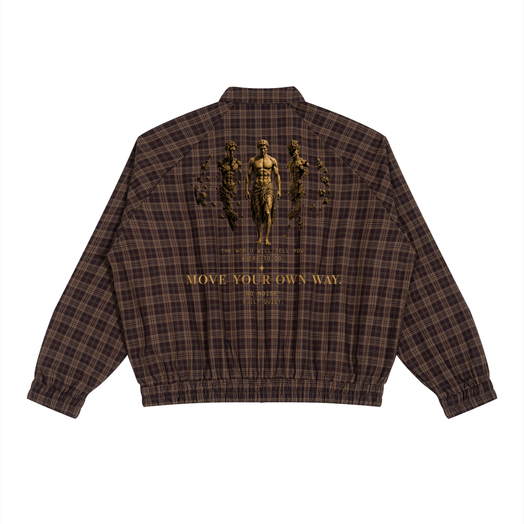 Plaid full-zip track jacket in Red Plaid, back view, showing gold-tone back artwork and an elastic hem.