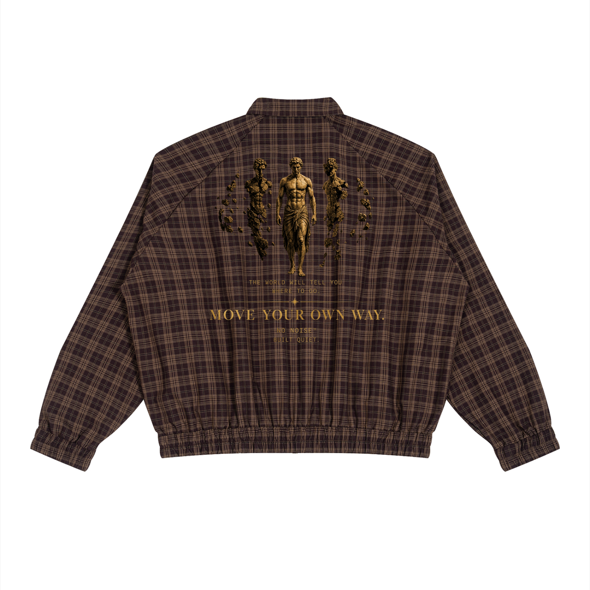 Plaid full-zip track jacket in Red Plaid, back view, showing gold-tone back artwork and an elastic hem.