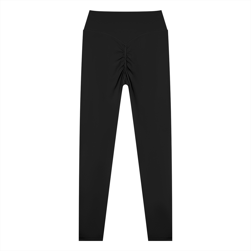 NO NOISE Poise High-Rise Leggings — Onyx, black, back flat view showing ruched seam.