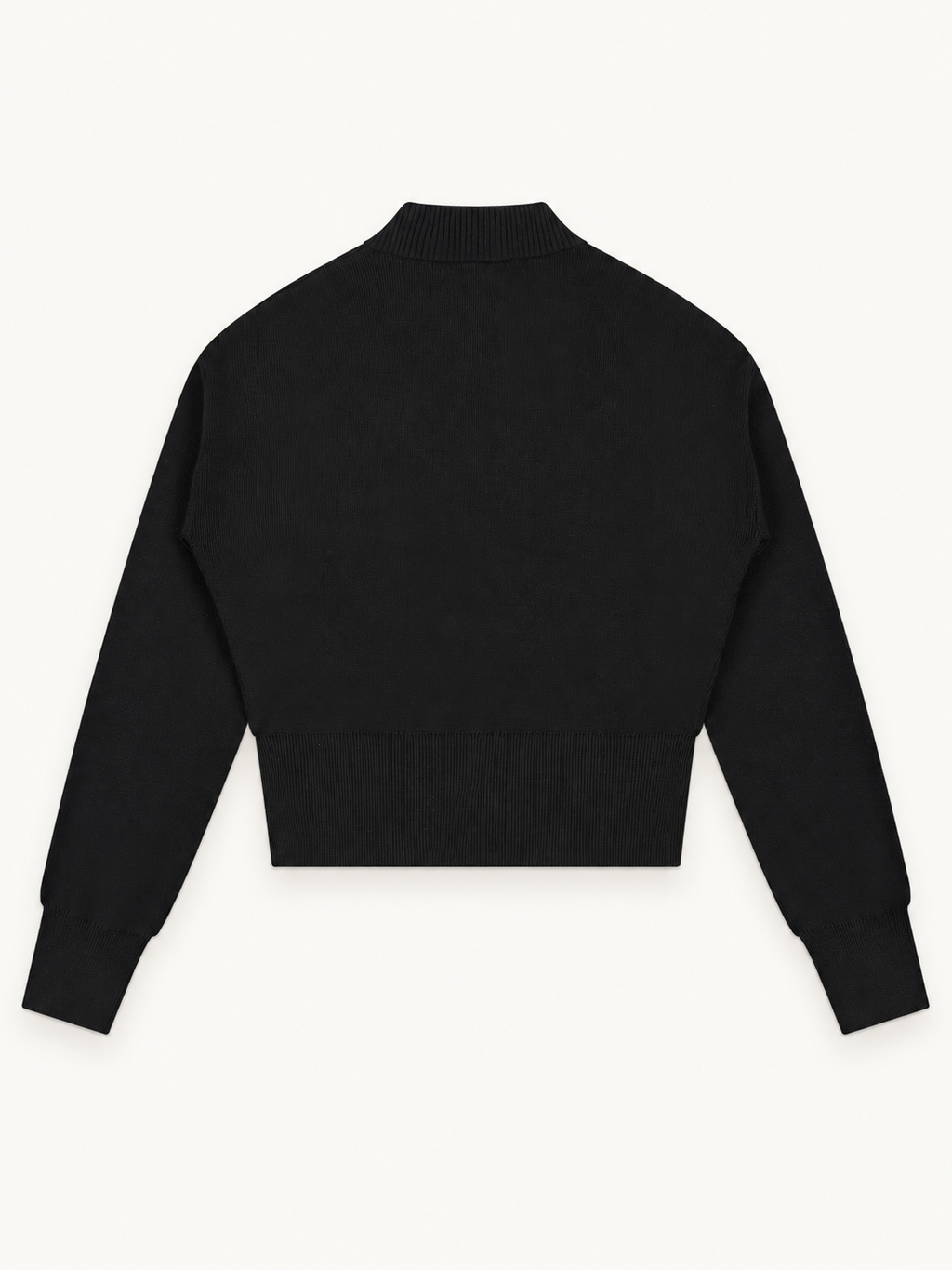 NO NOISE Mock-Neck Zip Cardigan — Onyx, plain back view with dropped shoulders and ribbed hem.