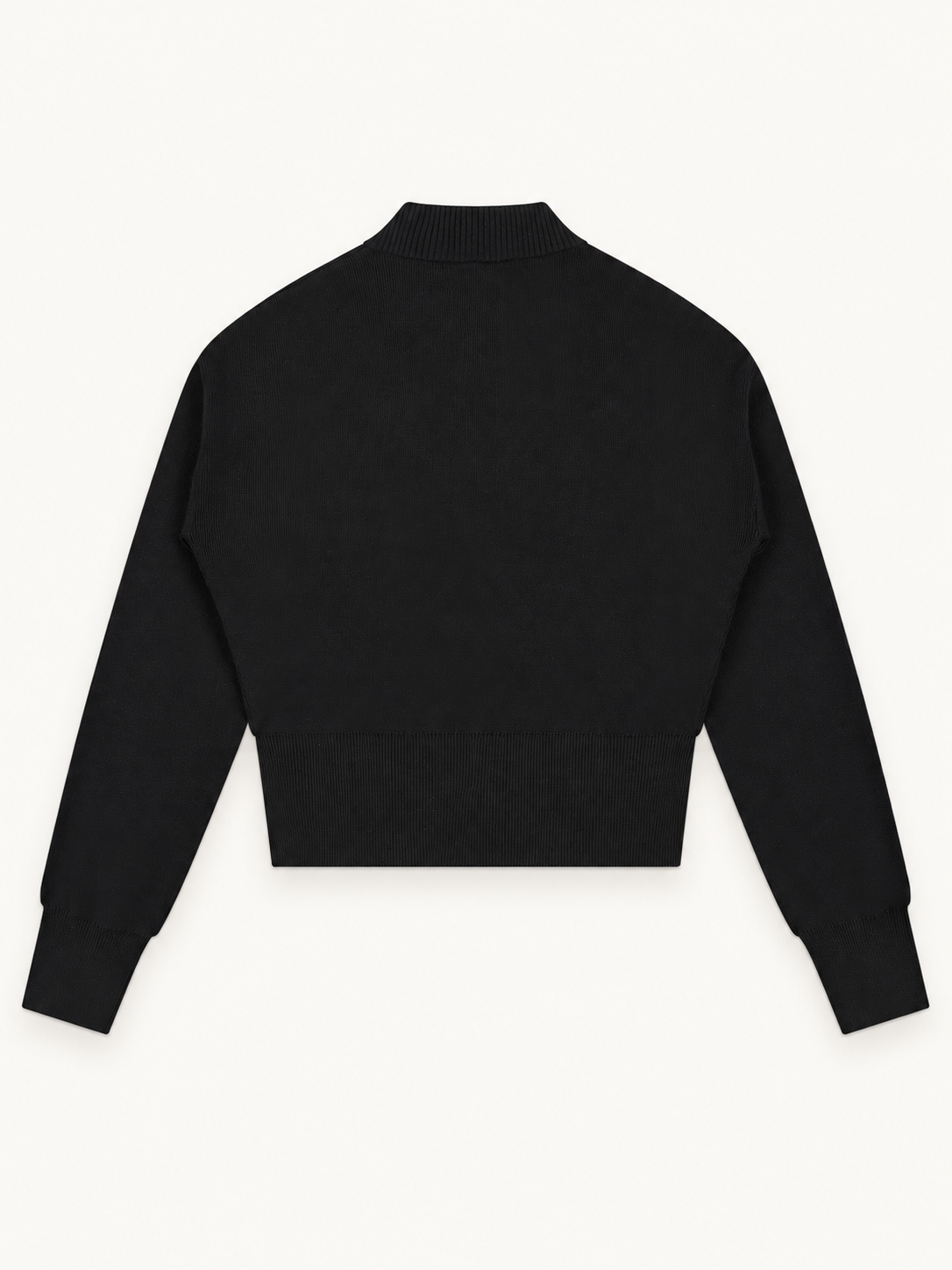 NO NOISE Mock-Neck Zip Cardigan — Onyx, plain back view with dropped shoulders and ribbed hem.