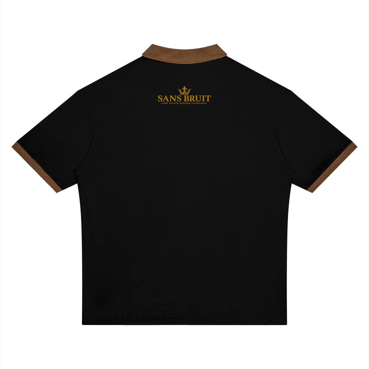 Back of the Silent Standard Contrast Polo with a gold crown and SANS BRUIT lettering below the brown collar.