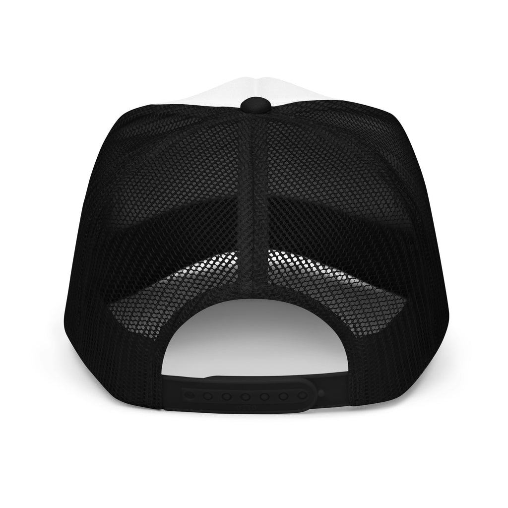 NO NOISE™ Quiet Signal foam trucker hat, rear view showing black mesh and adjustable snapback closure.