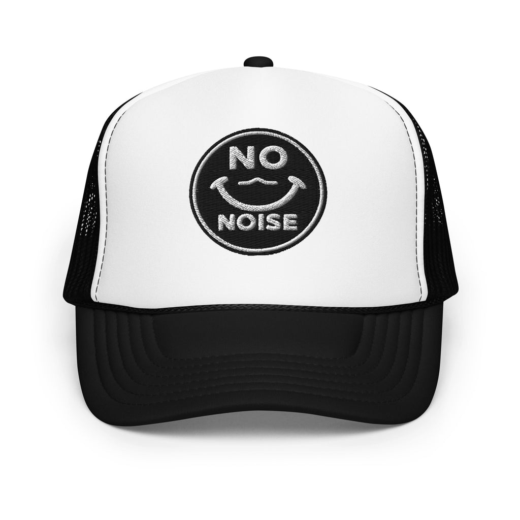 NO NOISE™ Quiet Signal foam trucker hat in black and white, front view.