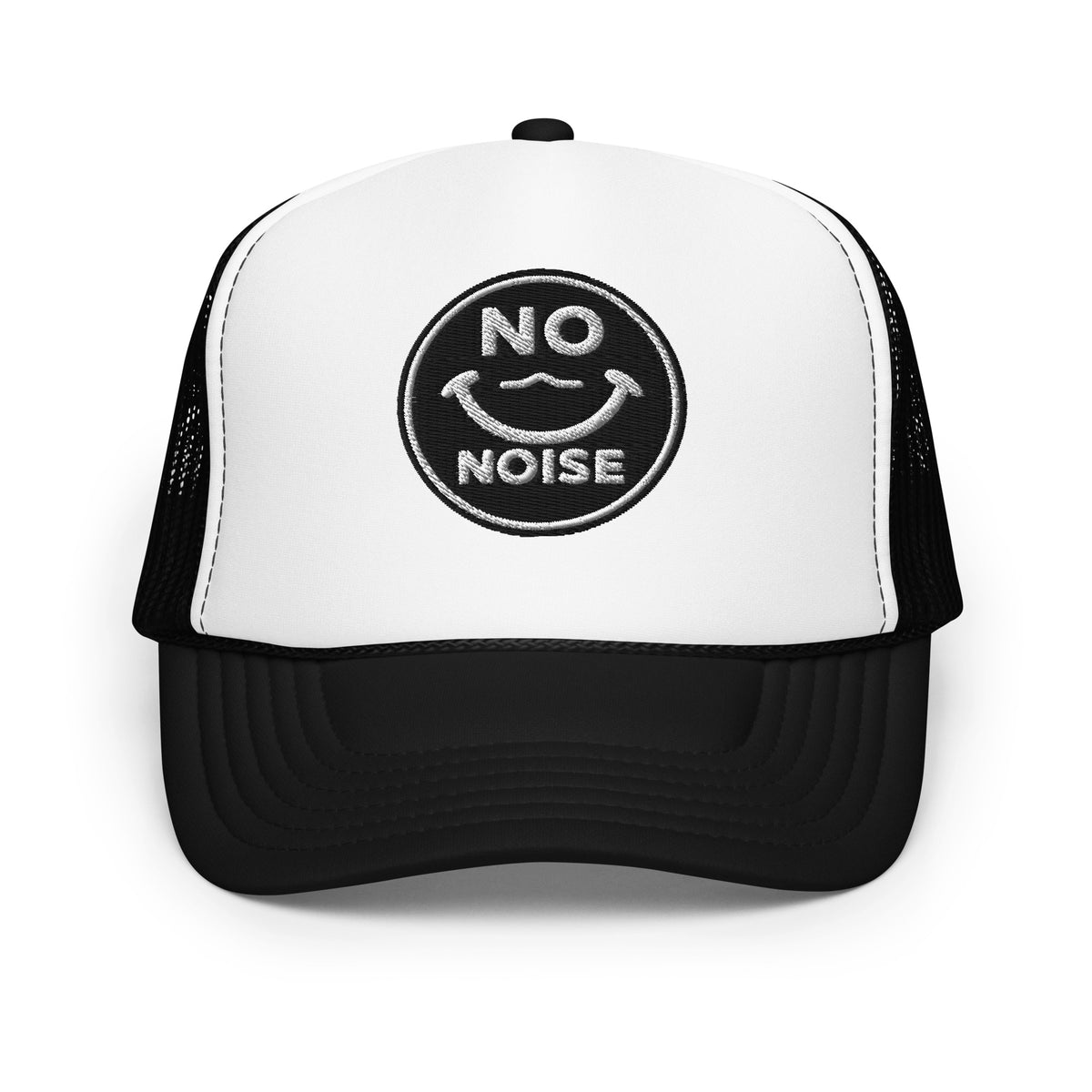 NO NOISE™ Quiet Signal foam trucker hat in black and white, front view.
