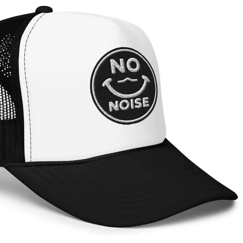 NO NOISE™ Quiet Signal foam trucker hat construction and material details.