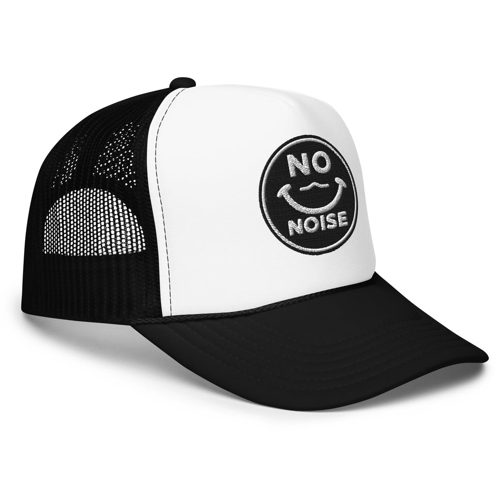 NO NOISE™ Quiet Signal foam trucker hat in black and white, right three-quarter view.