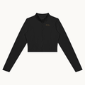 Form Cropped Jacket — Onyx, black, front view showing stand collar, zipper and curved panel seams. On warm ivory.