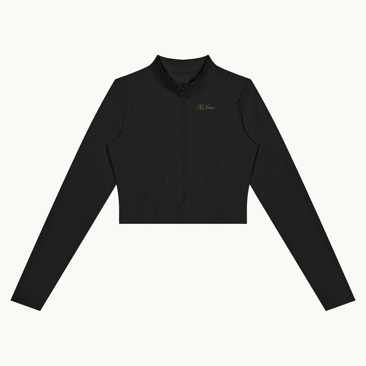 Form Cropped Jacket — Onyx, black, front view showing stand collar, zipper and curved panel seams. On warm ivory.