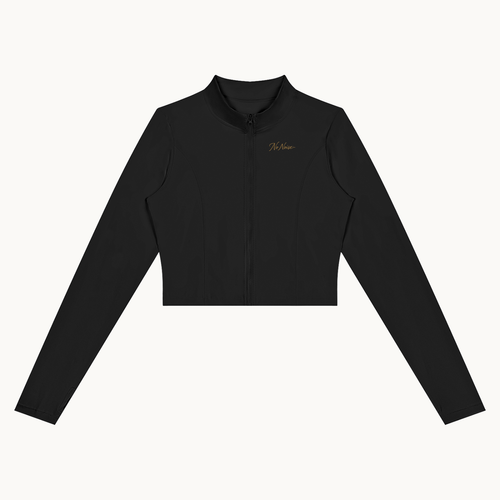 Form Cropped Jacket — Onyx, black, front view showing stand collar, zipper and curved panel seams. On warm ivory.