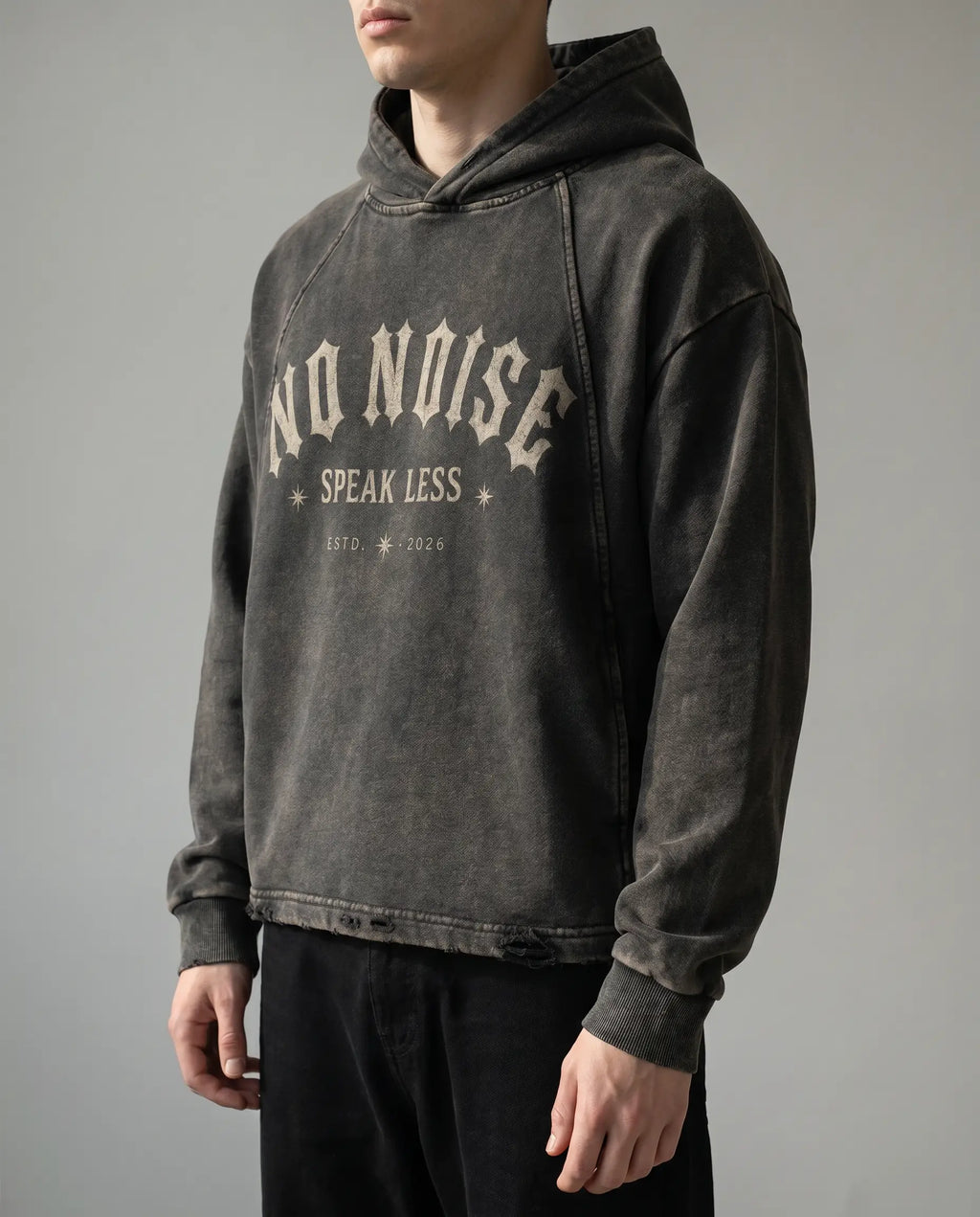 NO NOISE Speak Less Vintage Washed Hoodie, Black, on model front view
