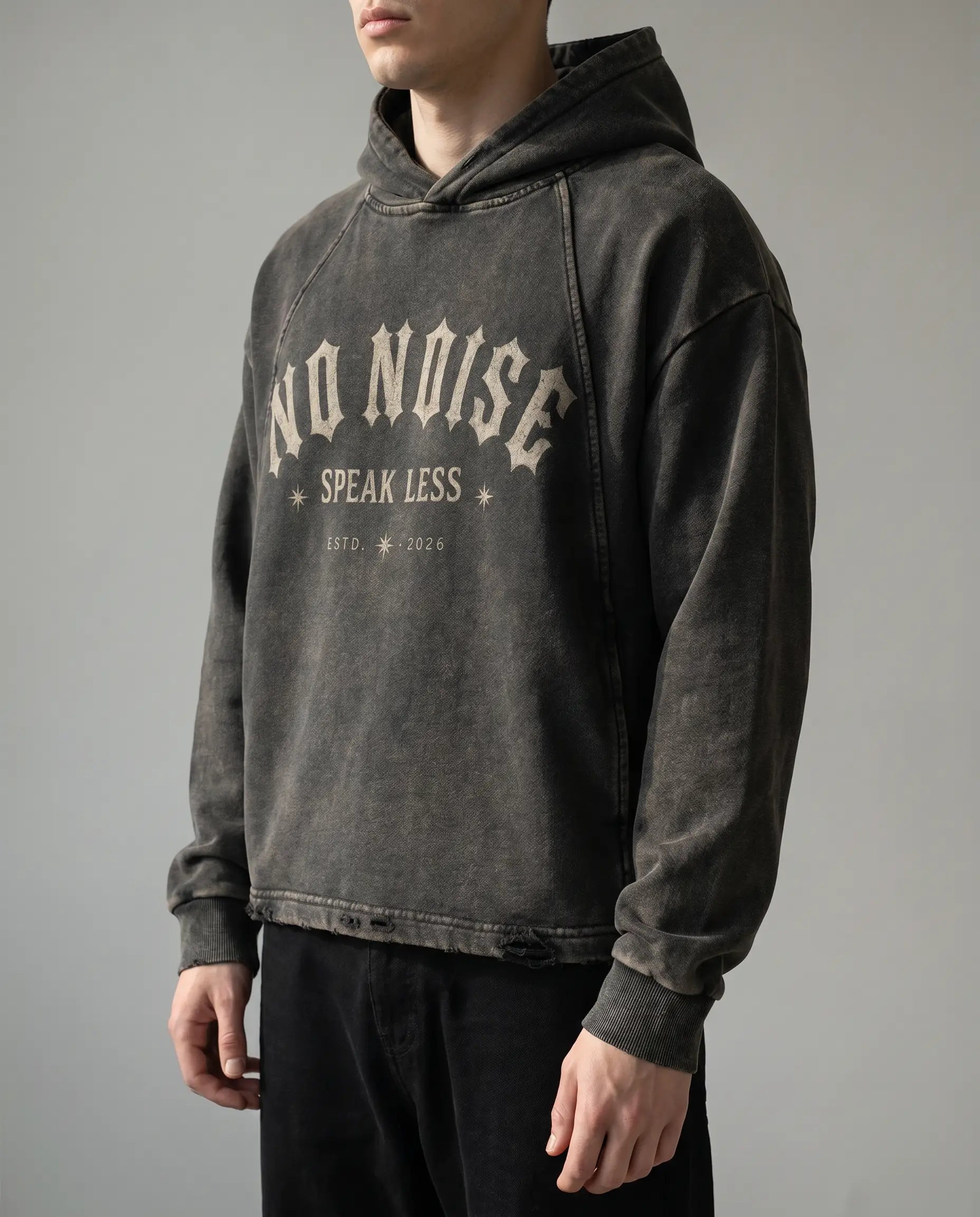 NO NOISE Speak Less Vintage Washed Hoodie, Black, on model front view