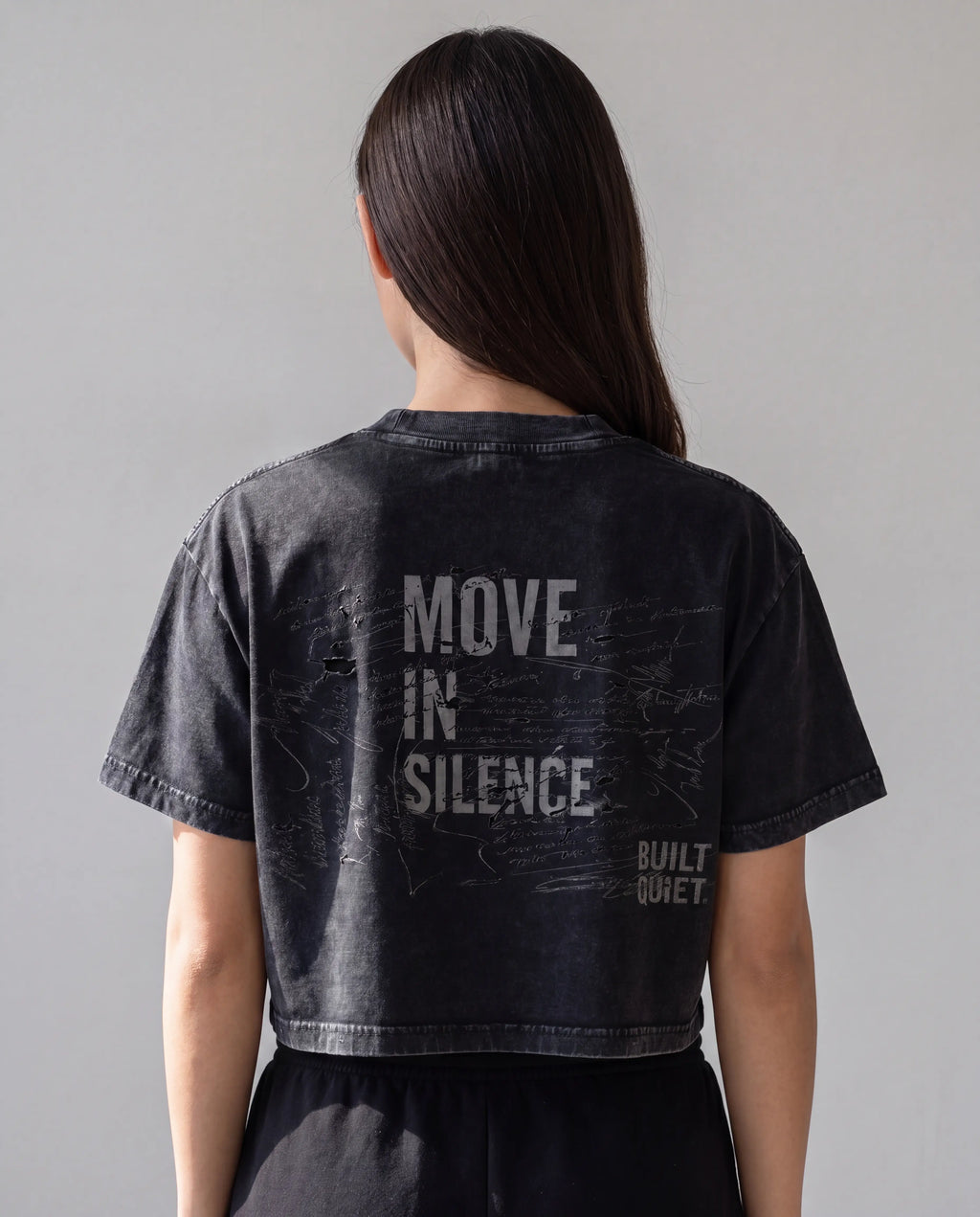 NO NOISE HER Research Mineral Wash Crop Tee, Black, back view