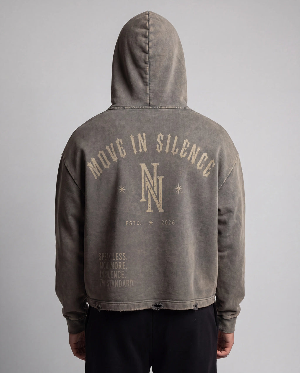 NO NOISE Speak Less Vintage Washed Hoodie, Gray, on model back view