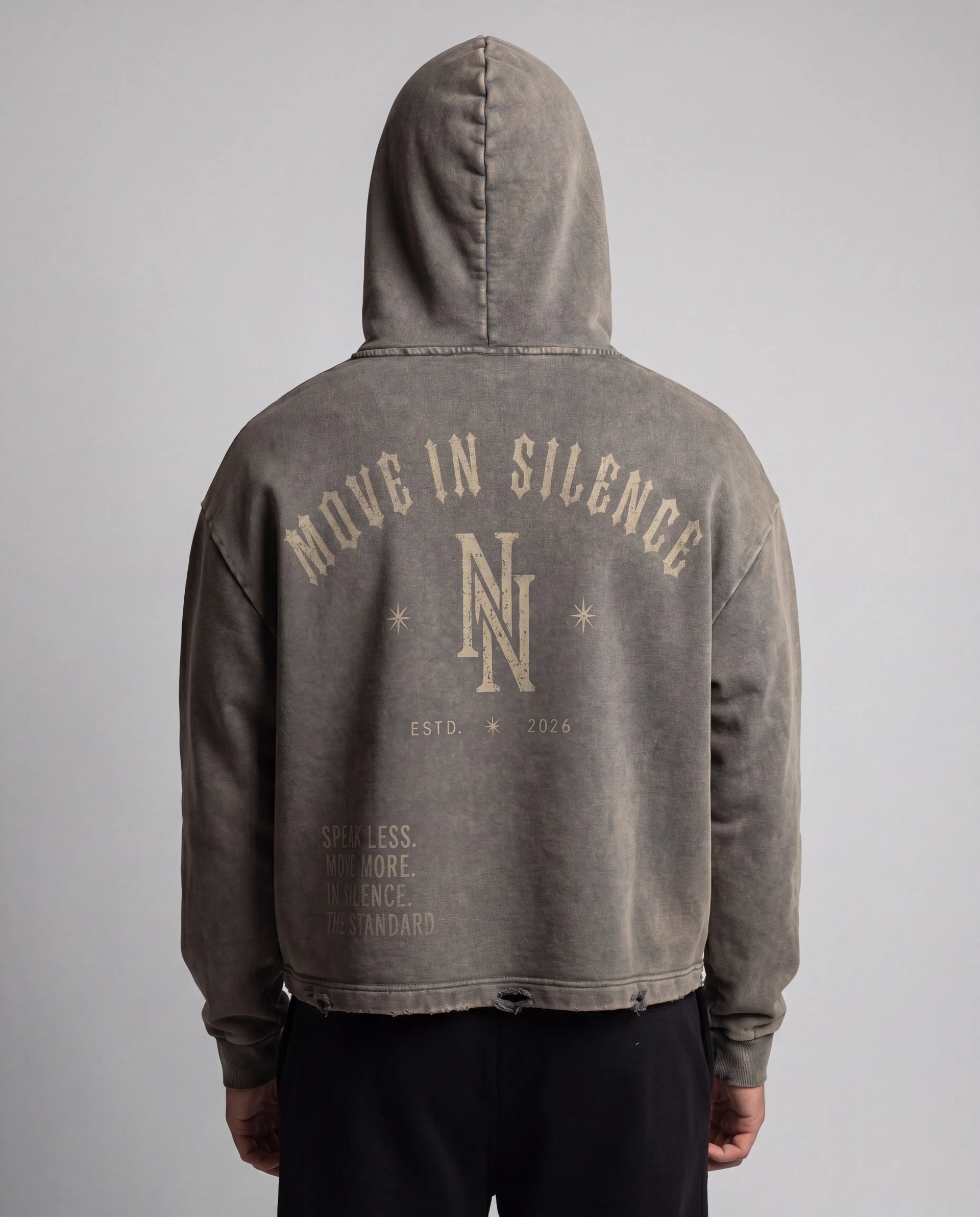 NO NOISE Speak Less Vintage Washed Hoodie, Gray, on model back view
