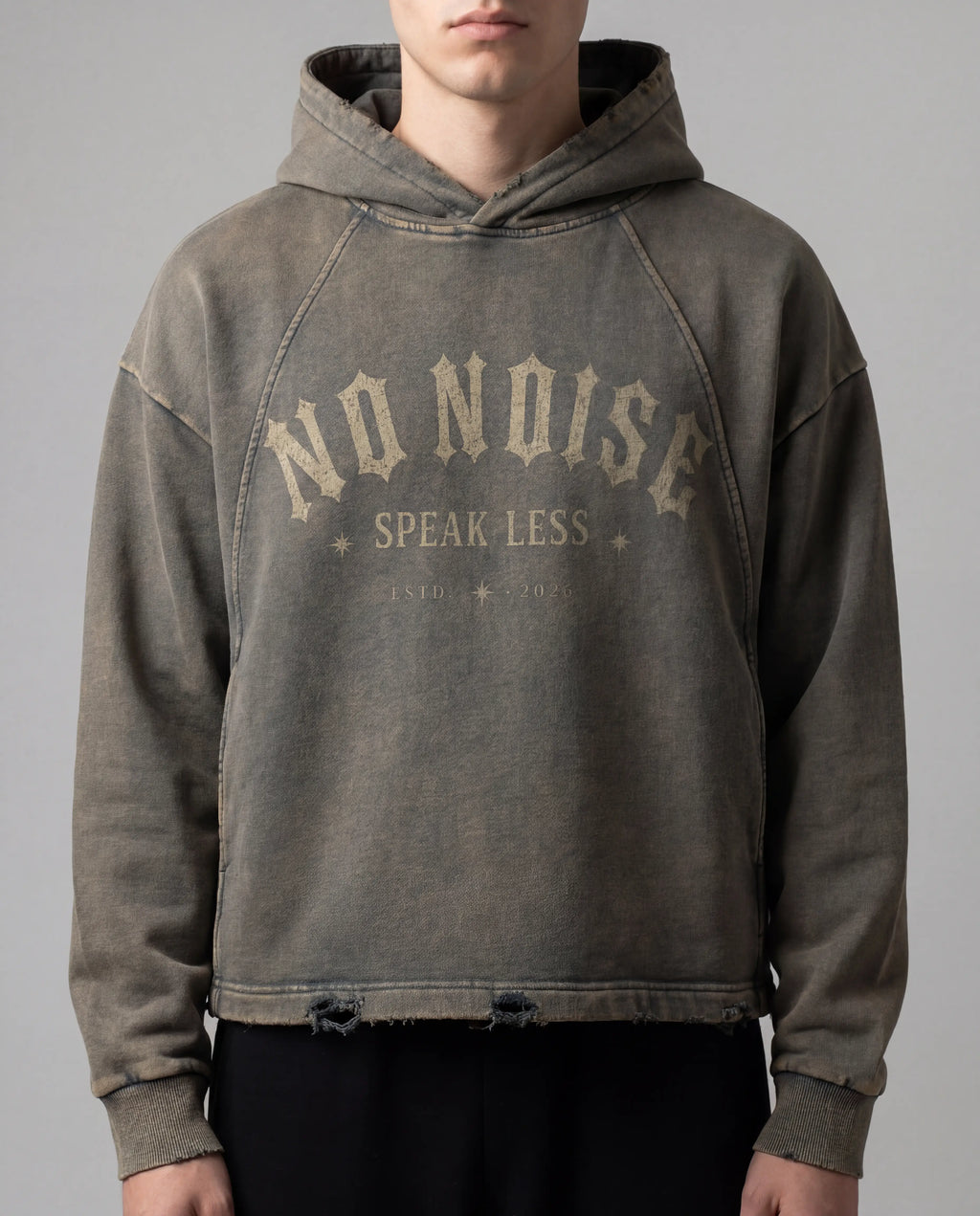 NO NOISE Speak Less Vintage Washed Hoodie, Gray, on model front view