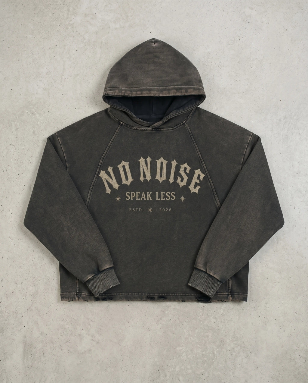 NO NOISE Speak Less Vintage Washed Hoodie, Black, flat lay
