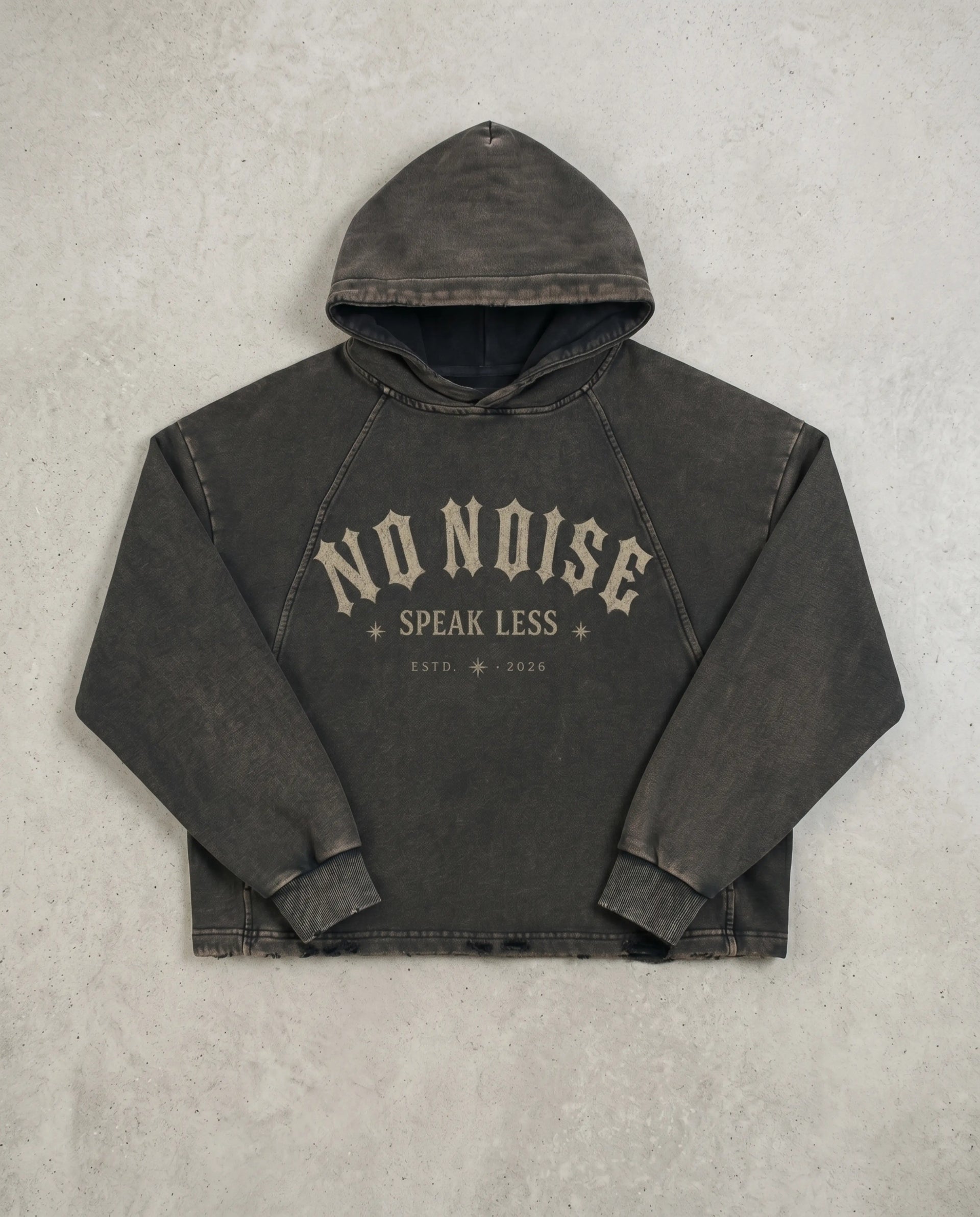 NO NOISE Speak Less Vintage Washed Hoodie, Black, flat lay