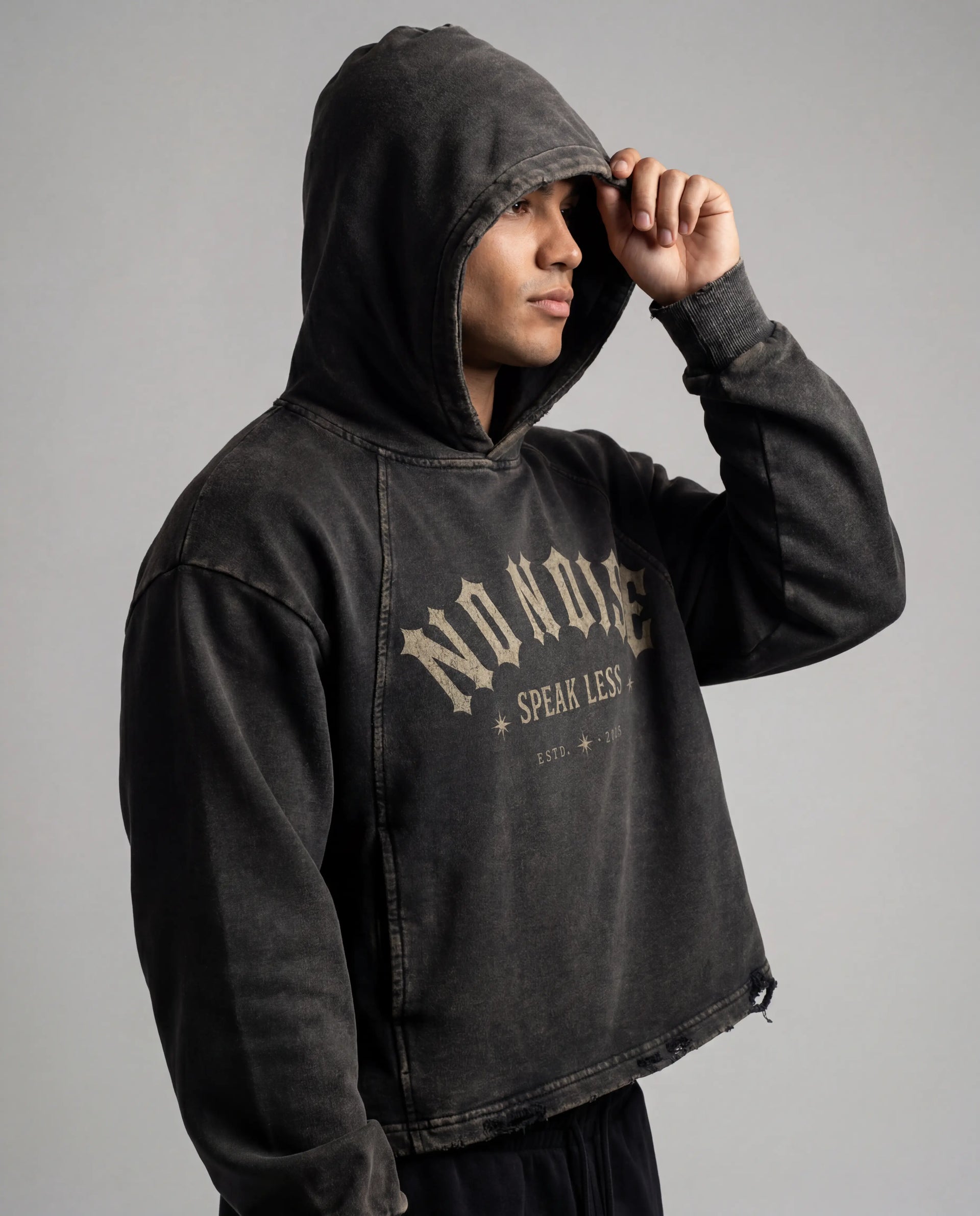 NO NOISE Speak Less Vintage Washed Hoodie, Black, editorial angle