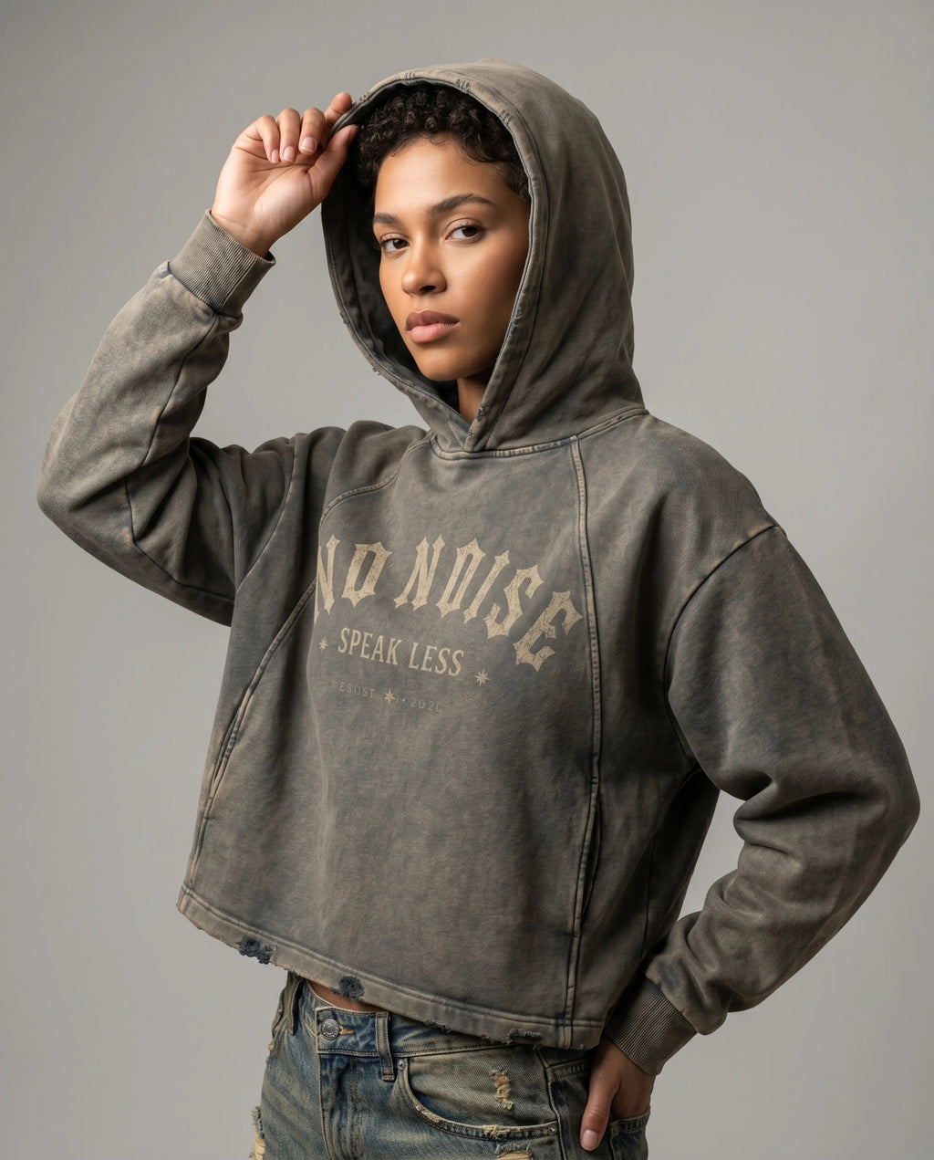 NO NOISE Speak Less Vintage Washed Hoodie, Gray, editorial angle