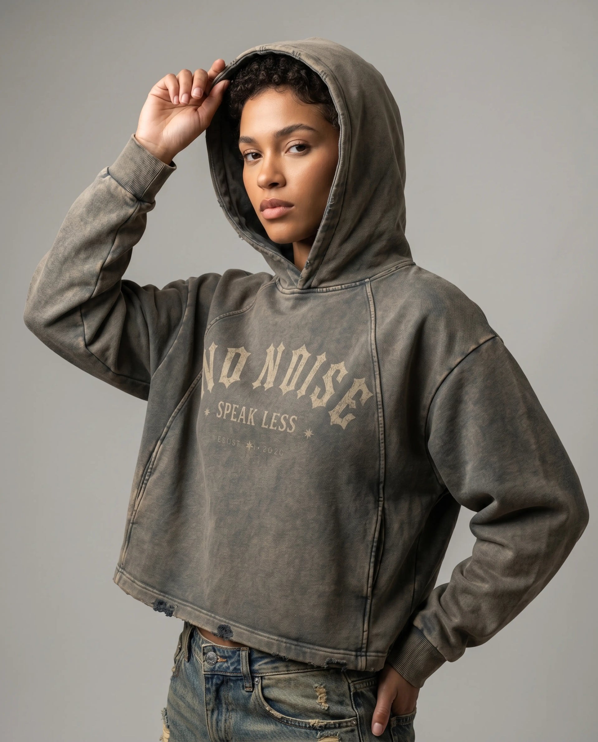 NO NOISE Speak Less Vintage Washed Hoodie, Gray, editorial angle
