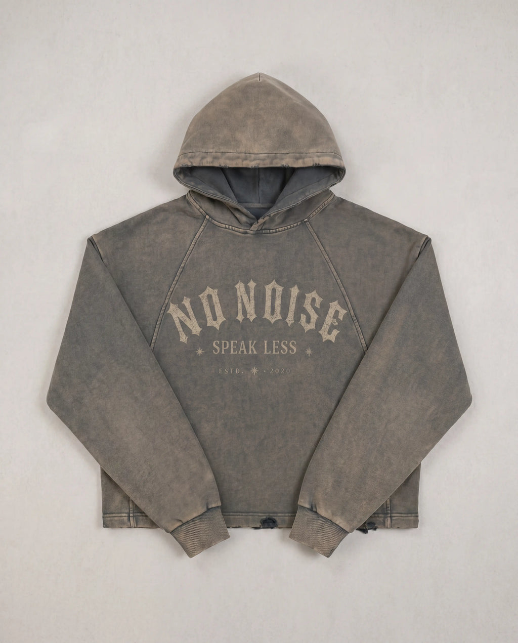 NO NOISE Speak Less Vintage Washed Hoodie, Gray, flat lay