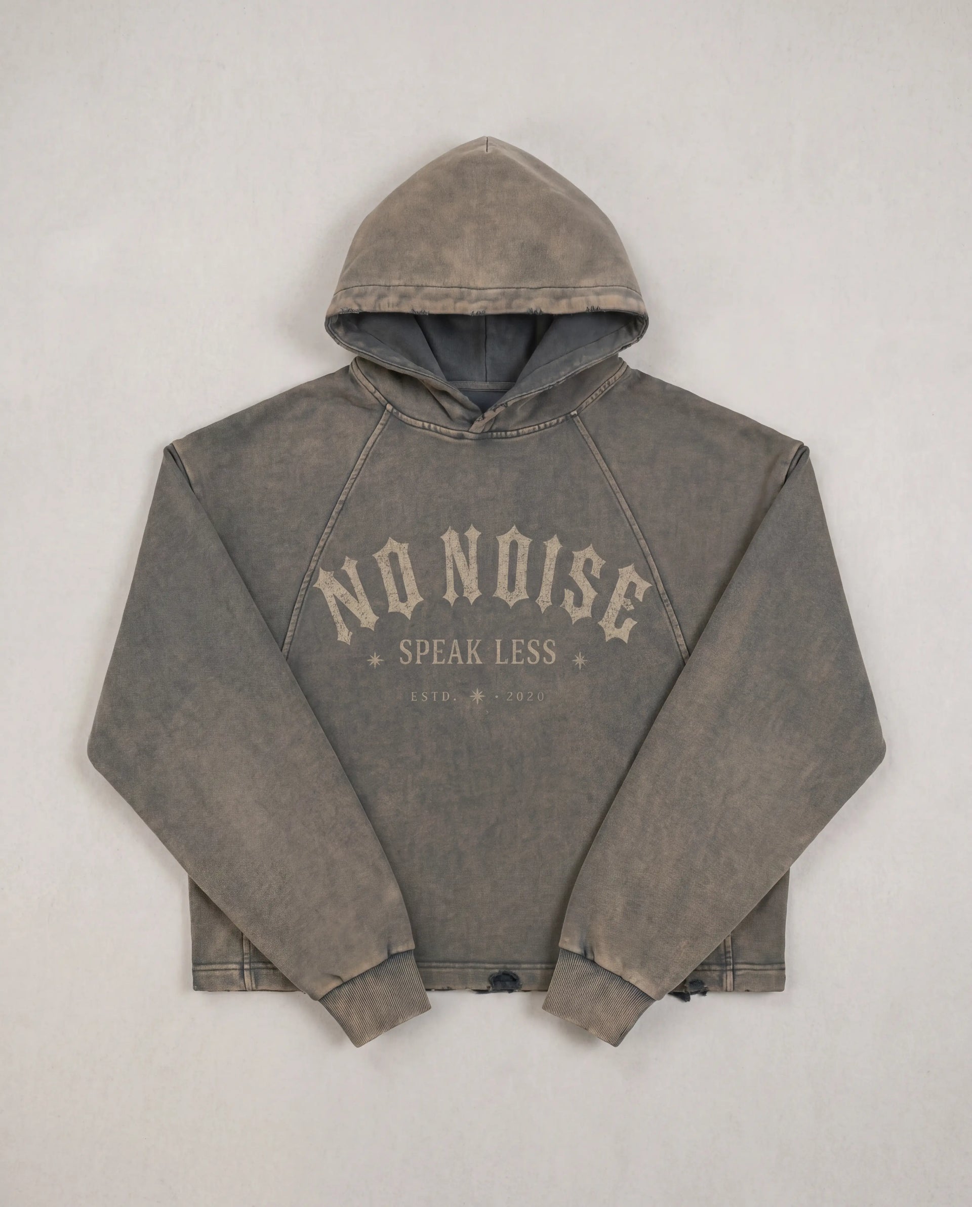 NO NOISE Speak Less Vintage Washed Hoodie, Gray, flat lay