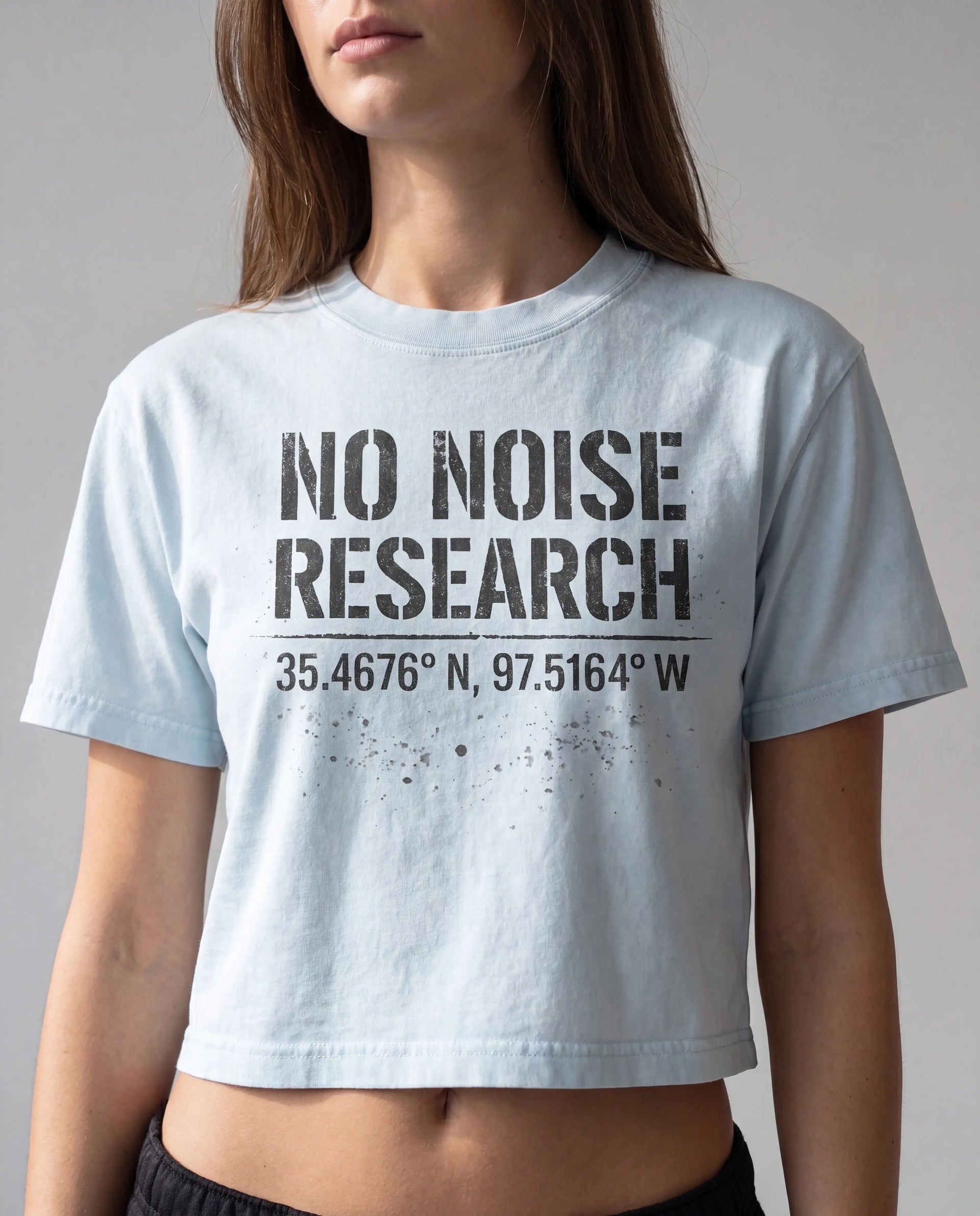 NO NOISE HER Research Mineral Wash Crop Tee, Light Blue, front view