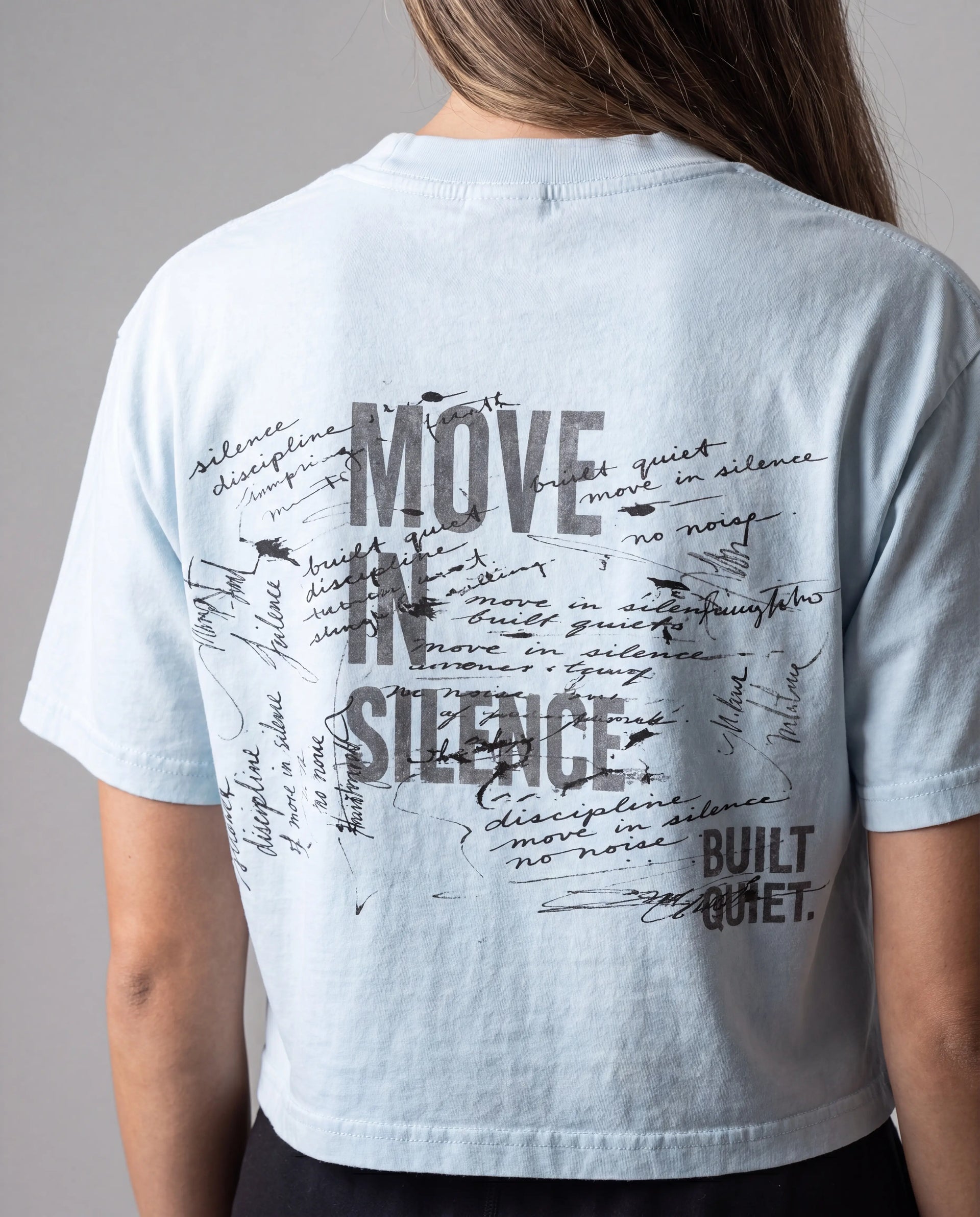 NO NOISE HER Research Mineral Wash Crop Tee, Light Blue, back view