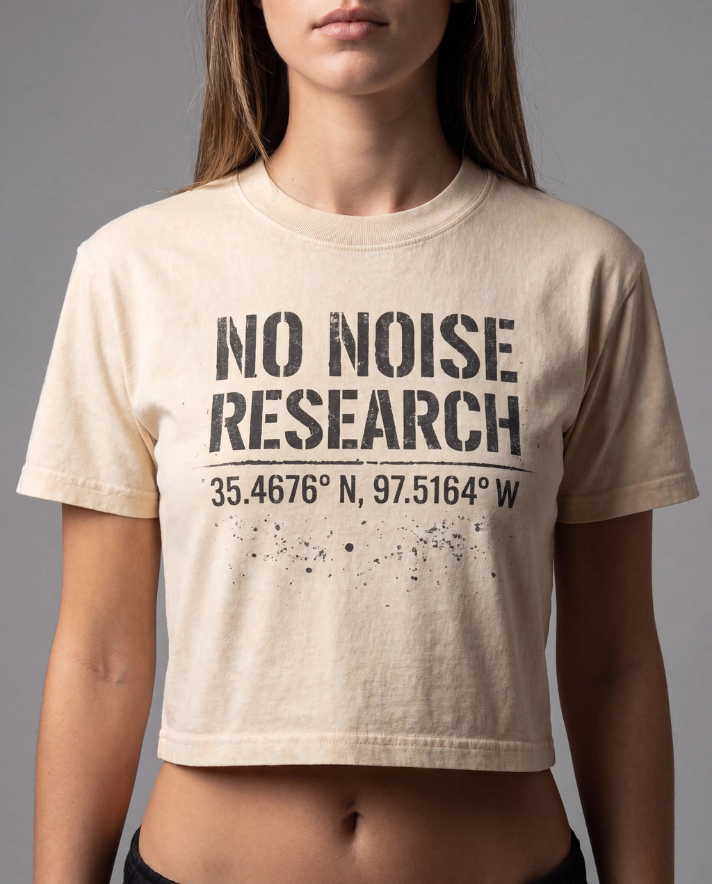NO NOISE HER Research Mineral Wash Crop Tee, Apricot, front view