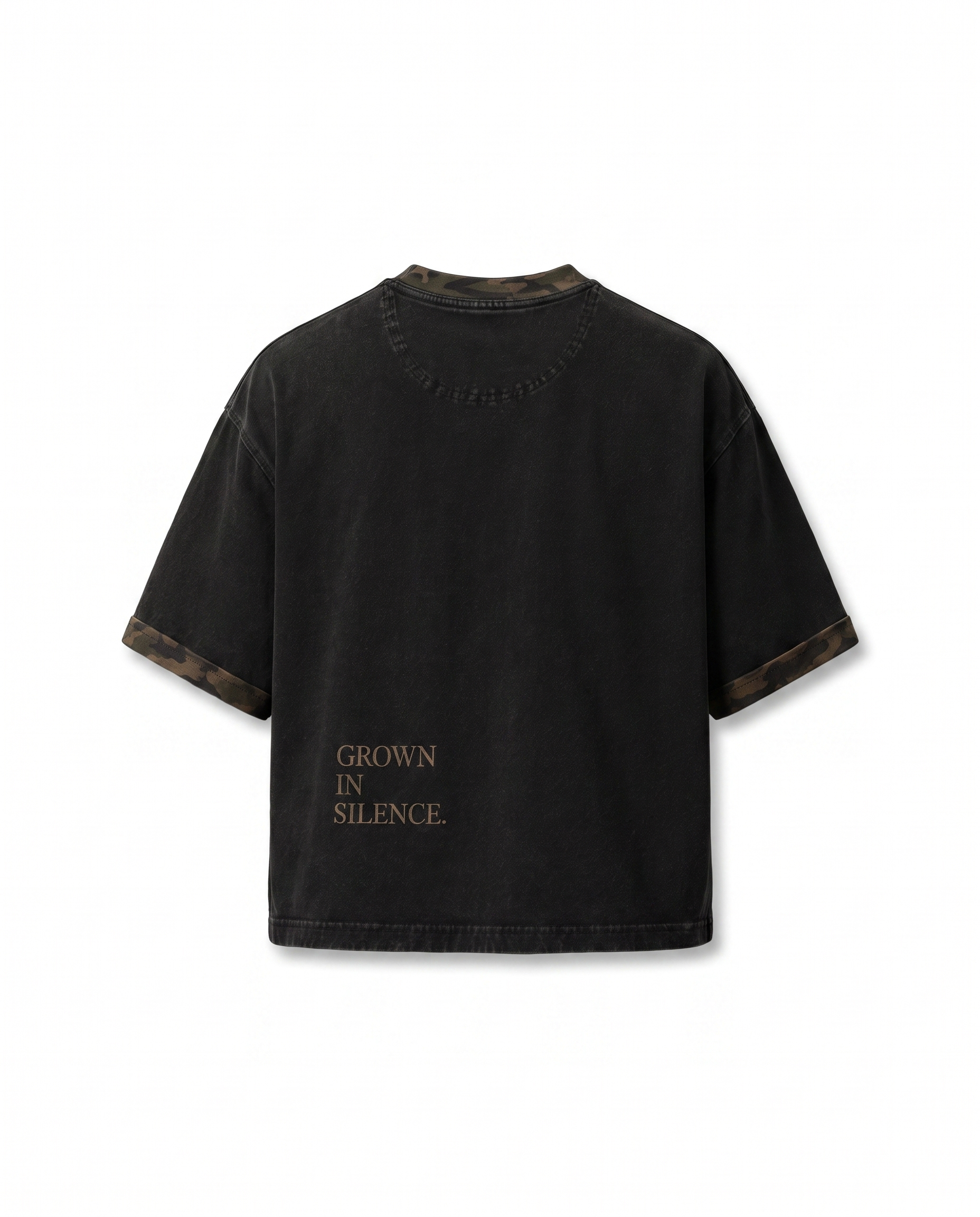 NO NOISE™ MINERAL WASH BOXY PANEL TEE — KHAKI CAMO — Detail