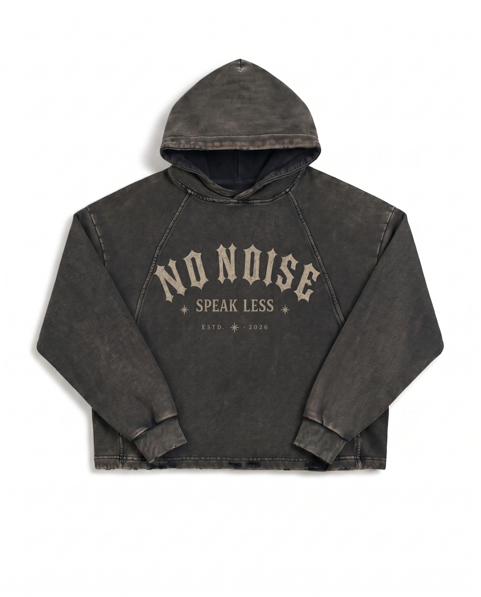 NO NOISE™ SPEAK LESS VINTAGE WASHED HOODIE — ESTD. 2026 — Hero