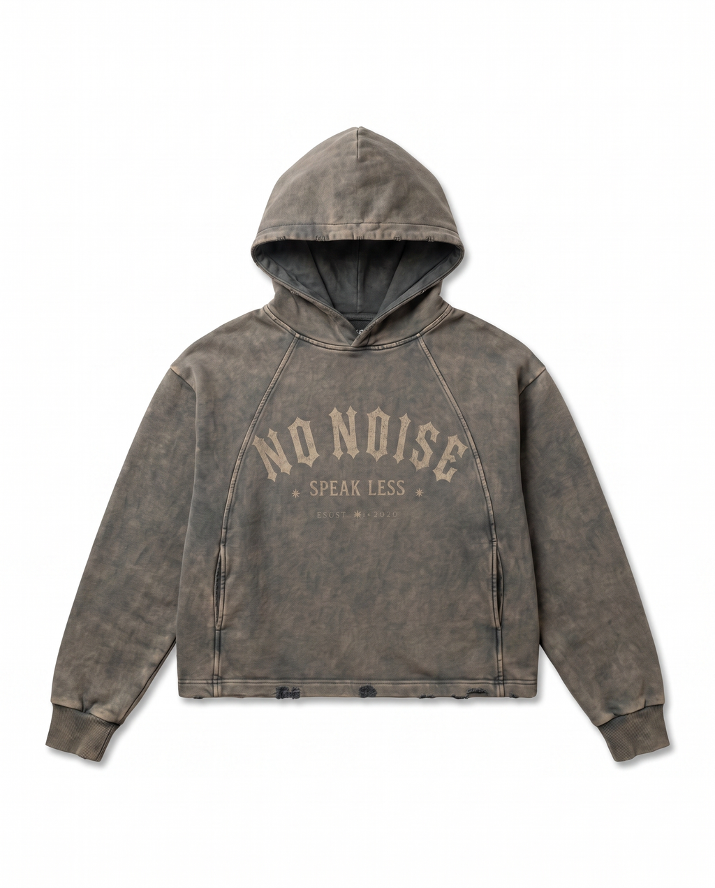 NO NOISE™ SPEAK LESS VINTAGE WASHED HOODIE — ESTD. 2026 — Detail