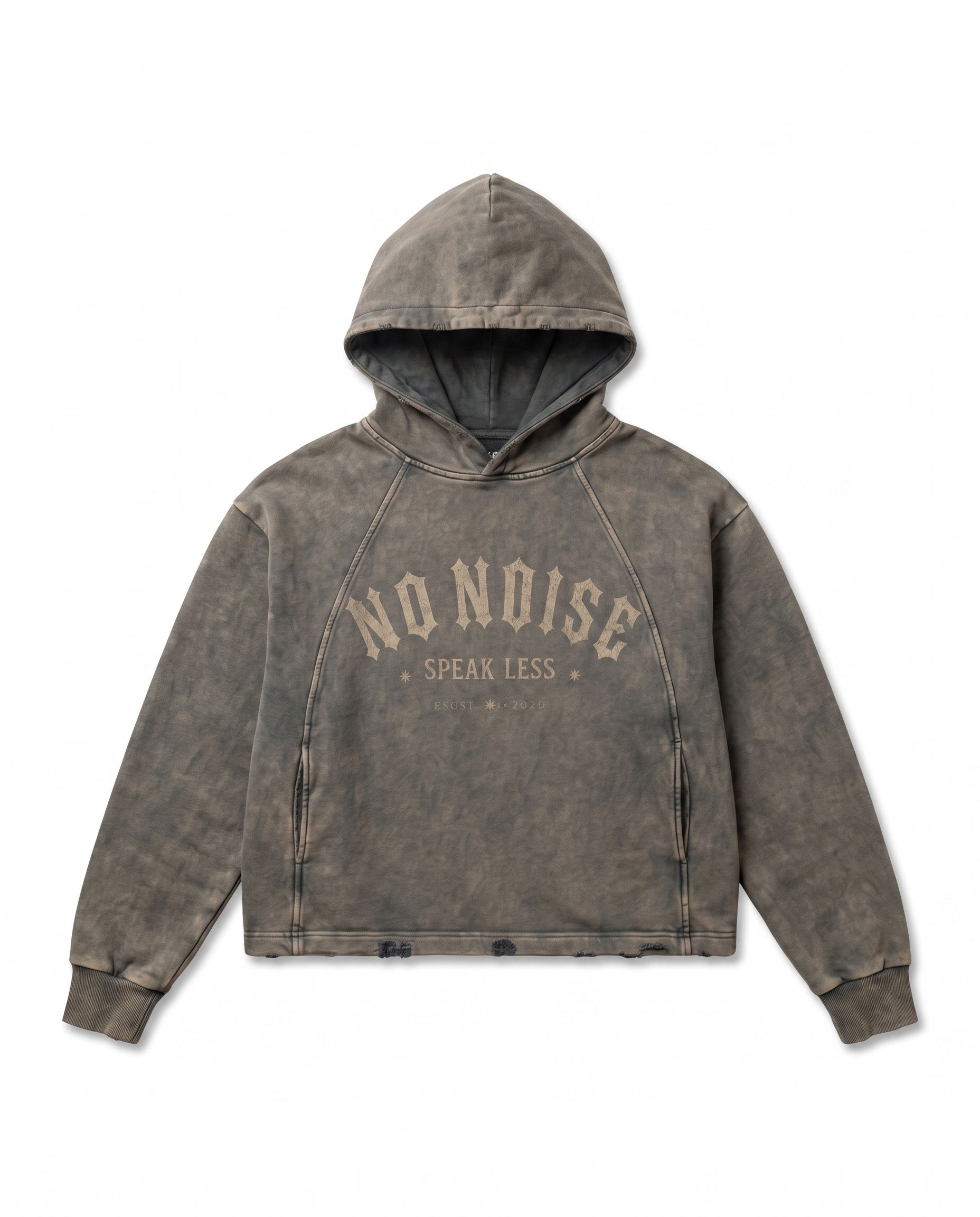 NO NOISE™ SPEAK LESS VINTAGE WASHED HOODIE — ESTD. 2026 — Detail