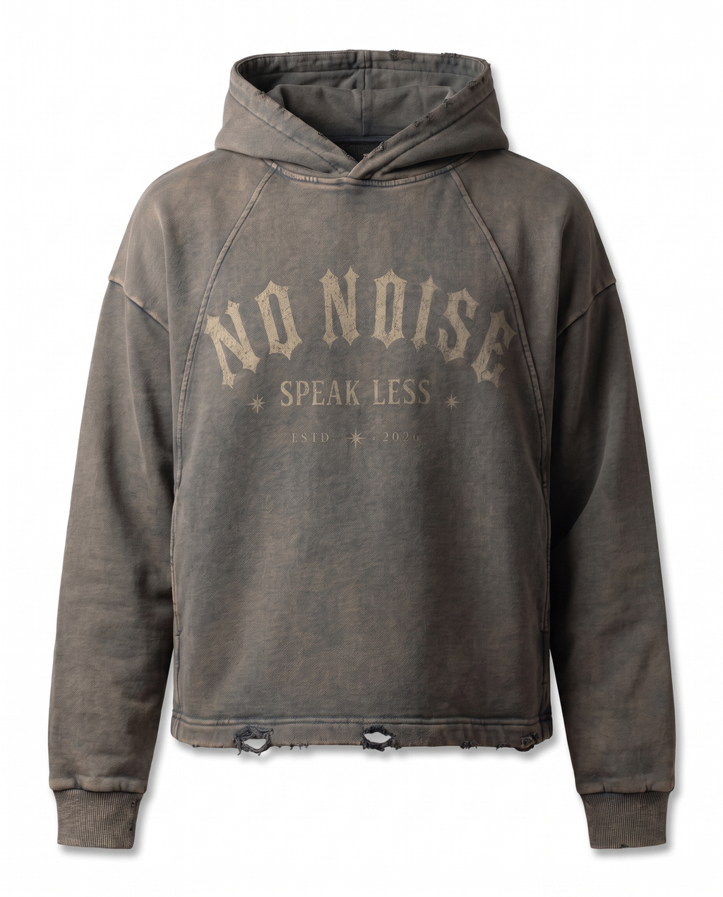NO NOISE™ SPEAK LESS VINTAGE WASHED HOODIE — ESTD. 2026 — Detail