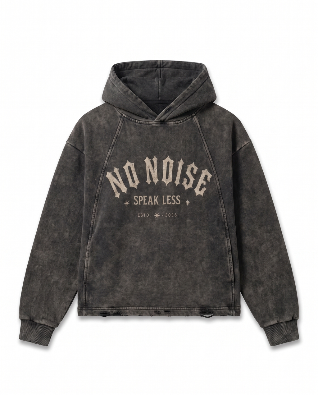 NO NOISE™ SPEAK LESS VINTAGE WASHED HOODIE — ESTD. 2026 — Detail