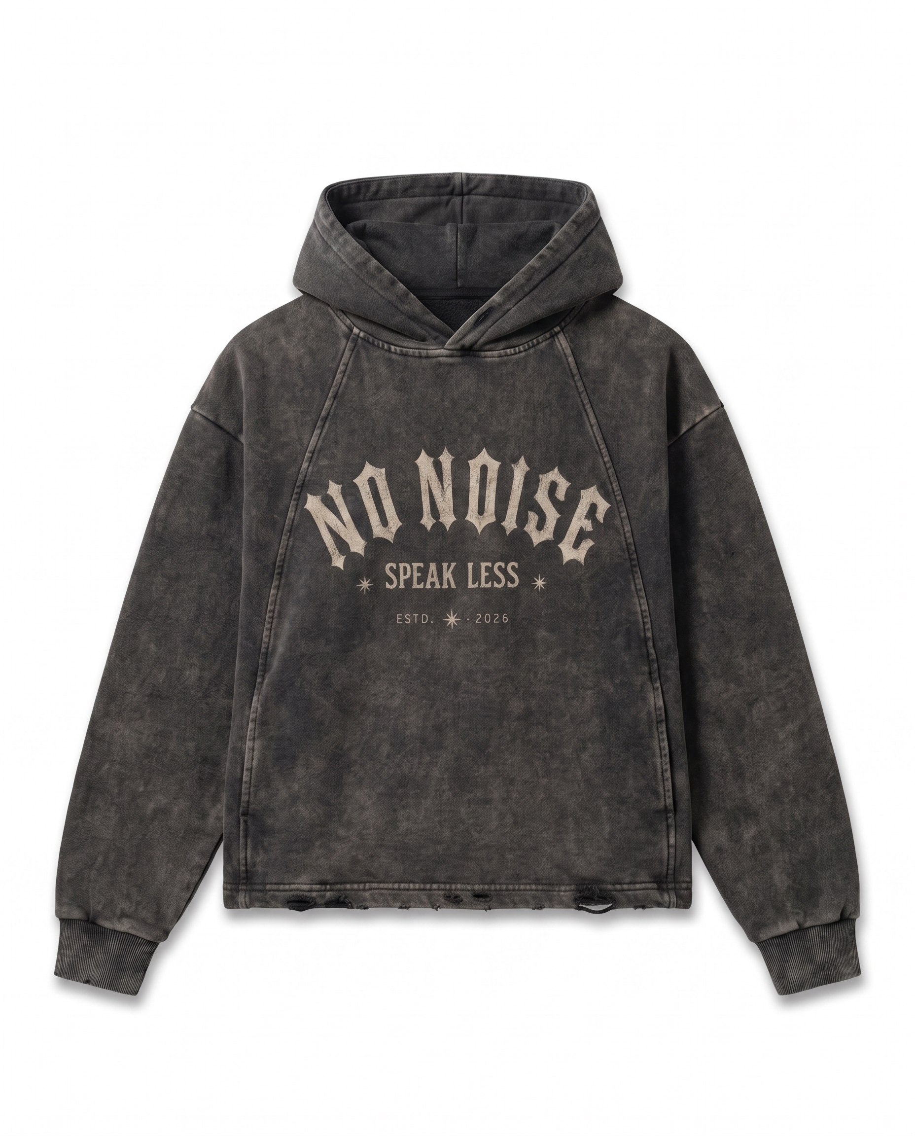 NO NOISE™ SPEAK LESS VINTAGE WASHED HOODIE — ESTD. 2026 — Detail