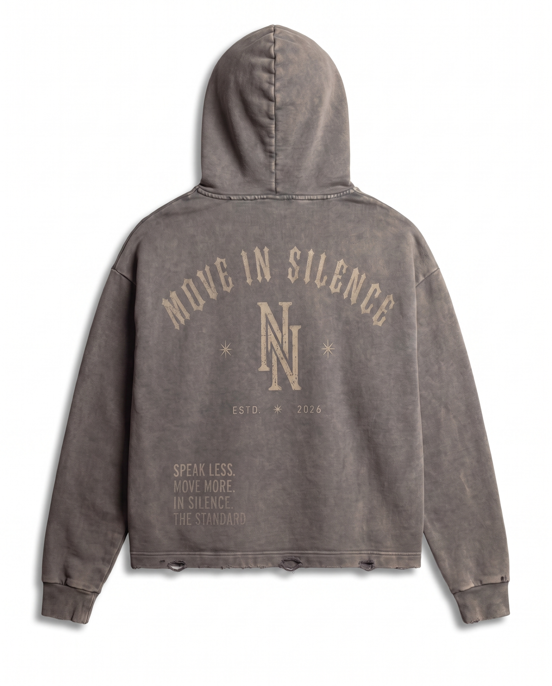 NO NOISE™ SPEAK LESS VINTAGE WASHED HOODIE — ESTD. 2026 — Detail