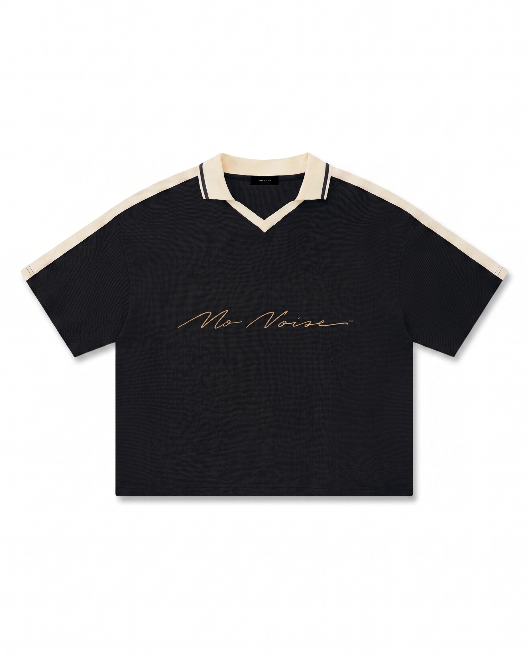 NO NOISE™ CHAPTER 001 PARIS UNISEX COLOR BLOCK POLO SHIRT — BLACK/CREAM — Hero