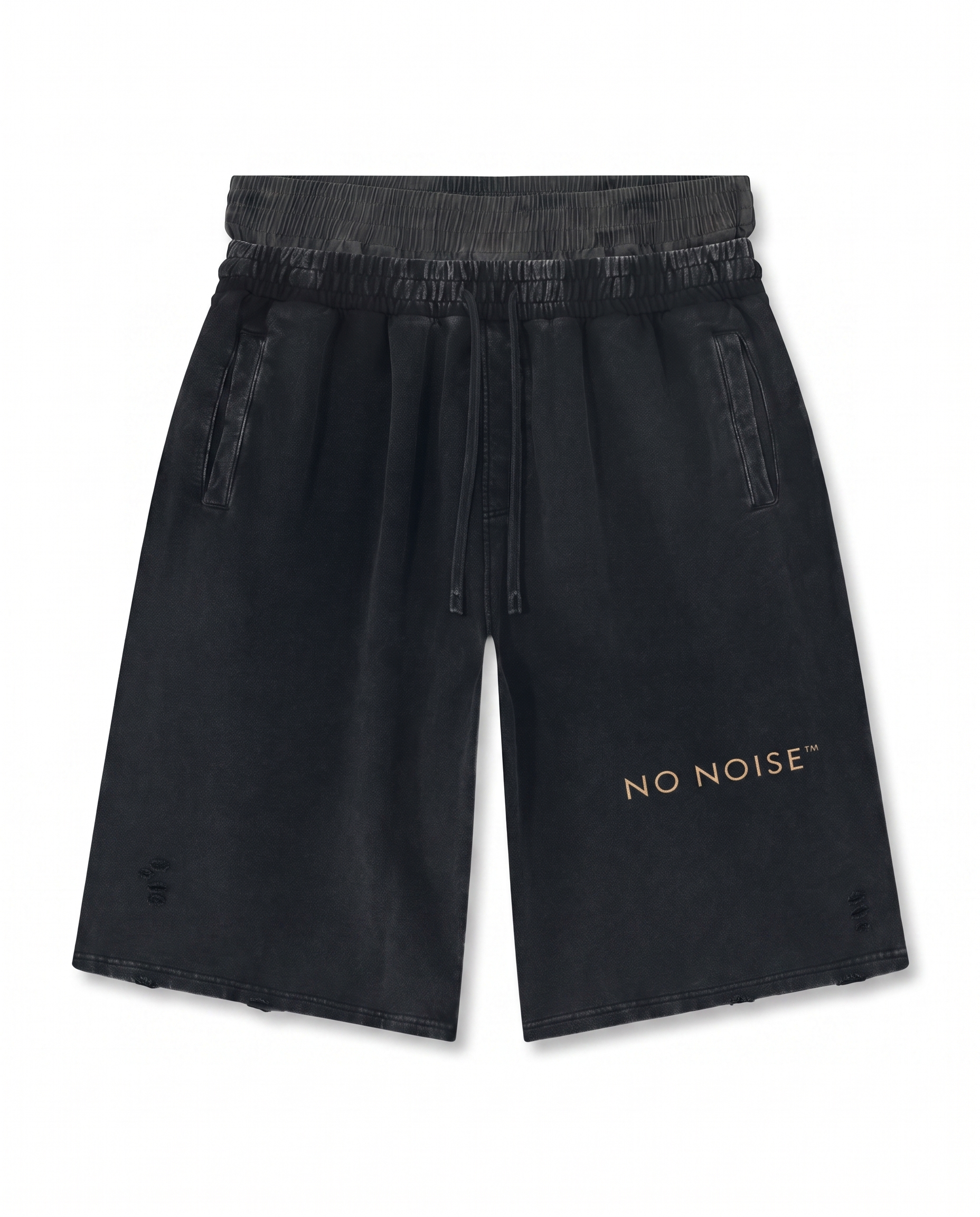NO NOISE™ VINTAGE WASH DISTRESSED WIDE LEG SHORTS — GRAY CAMO — Hero