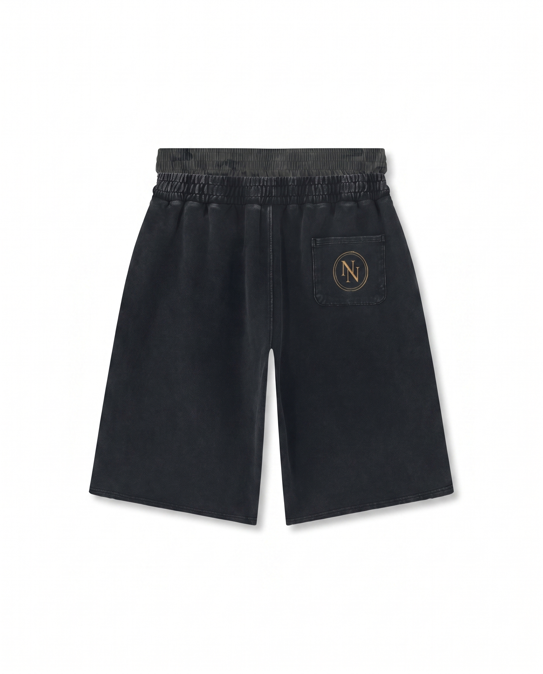 NO NOISE™ VINTAGE WASH DISTRESSED WIDE LEG SHORTS — GRAY CAMO — Alternate Front