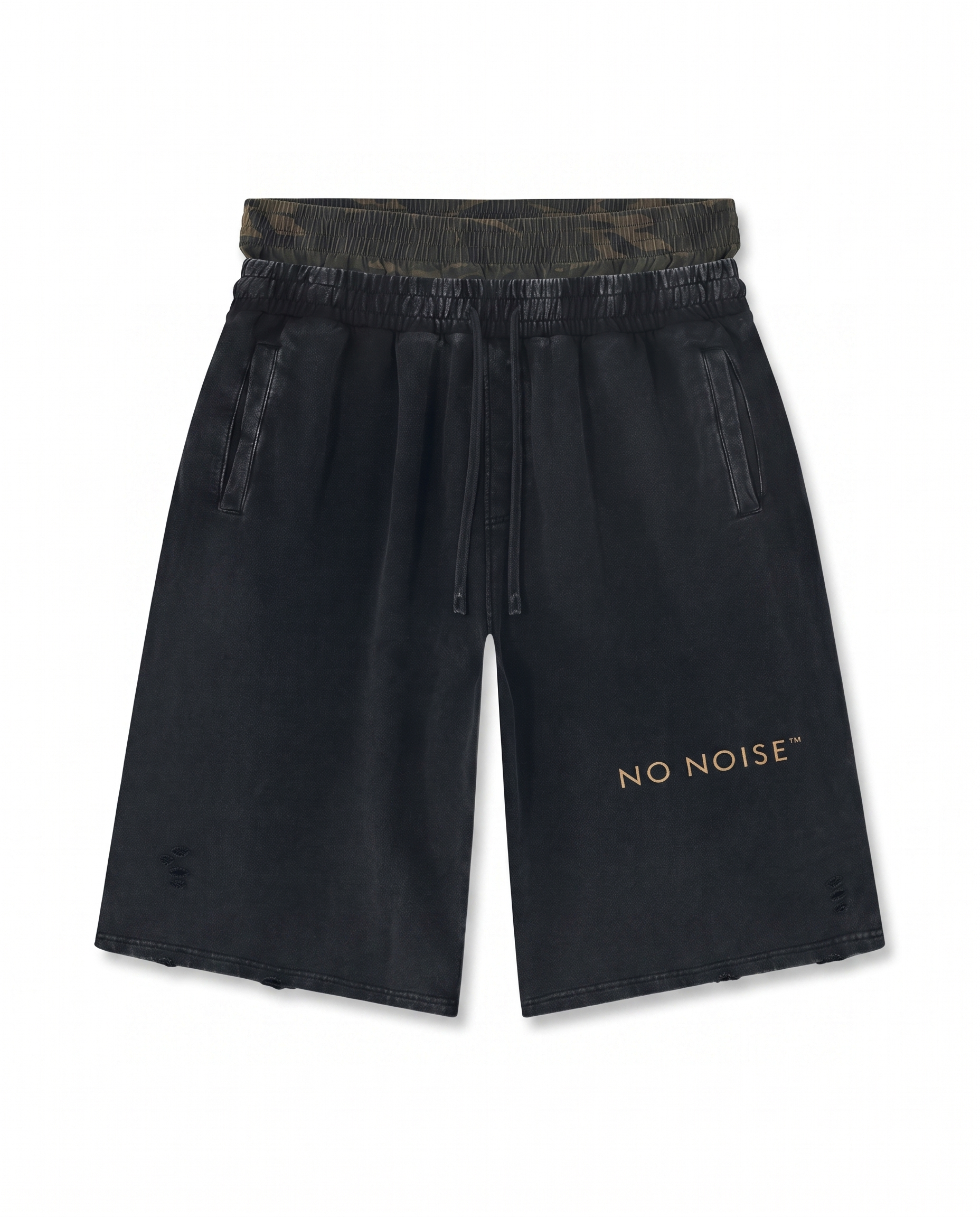 NO NOISE™ VINTAGE WASH DISTRESSED WIDE LEG SHORTS — KHAKI CAMO — Hero
