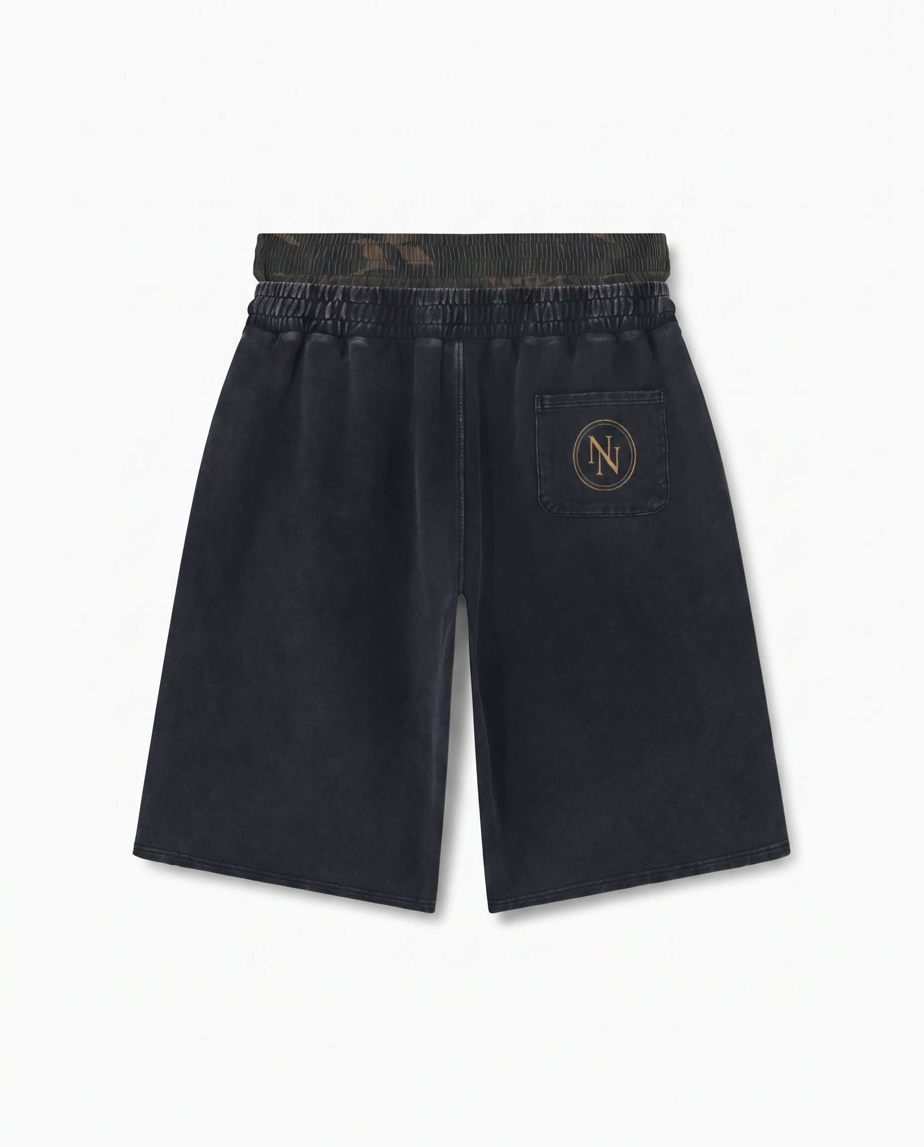 NO NOISE™ VINTAGE WASH DISTRESSED WIDE LEG SHORTS — KHAKI CAMO — Alternate Front