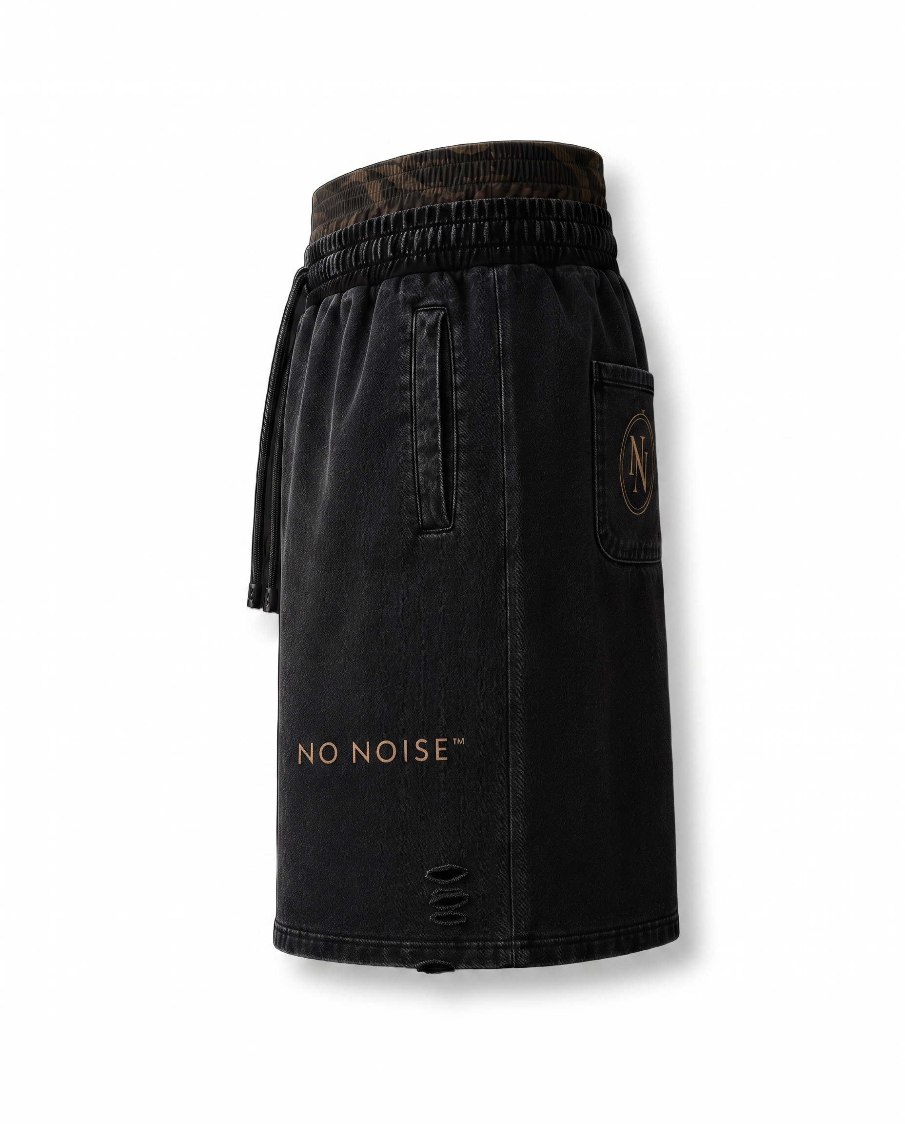 NO NOISE™ VINTAGE WASH DISTRESSED WIDE LEG SHORTS — KHAKI CAMO — Detail