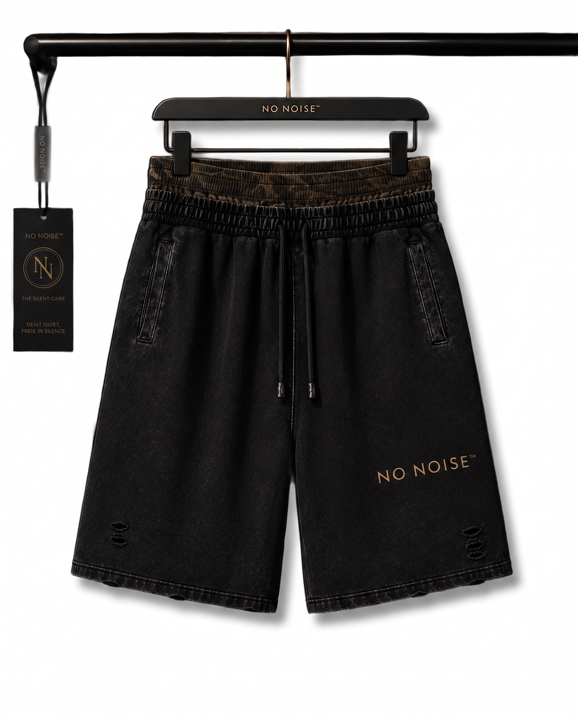 NO NOISE™ VINTAGE WASH DISTRESSED WIDE LEG SHORTS — KHAKI CAMO — Detail 2