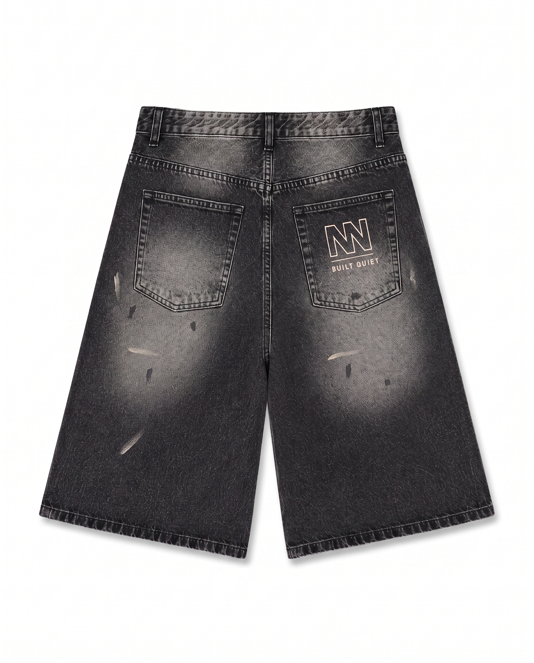NO NOISE™ VINTAGE WASH WIDE LEG DENIM SHORTS — BLACK — Back