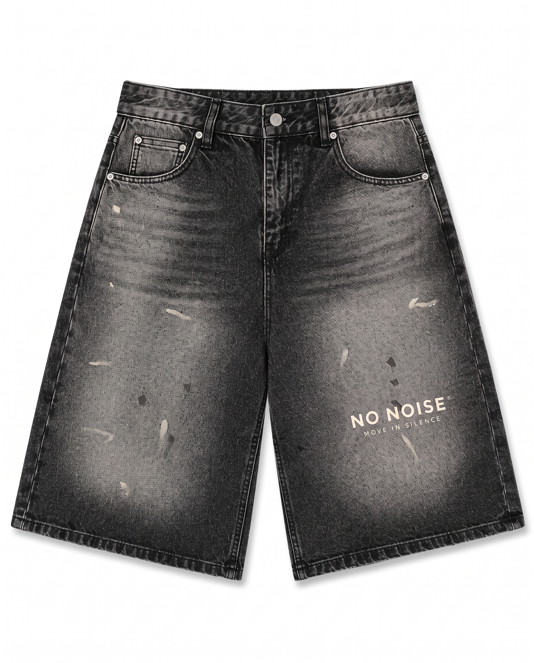 NO NOISE™ VINTAGE WASH WIDE LEG DENIM SHORTS — BLACK — Detail