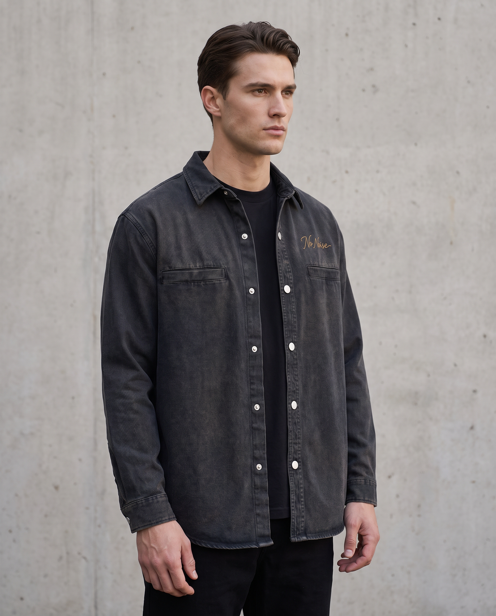 Utility Overshirt Washed Black three-quarter fit view