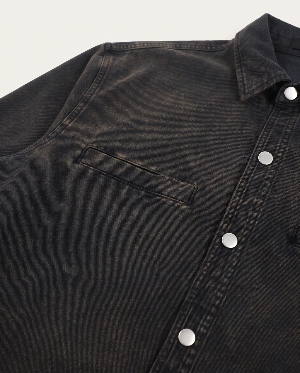 Utility Overshirt Washed Black welt pocket and snap detail