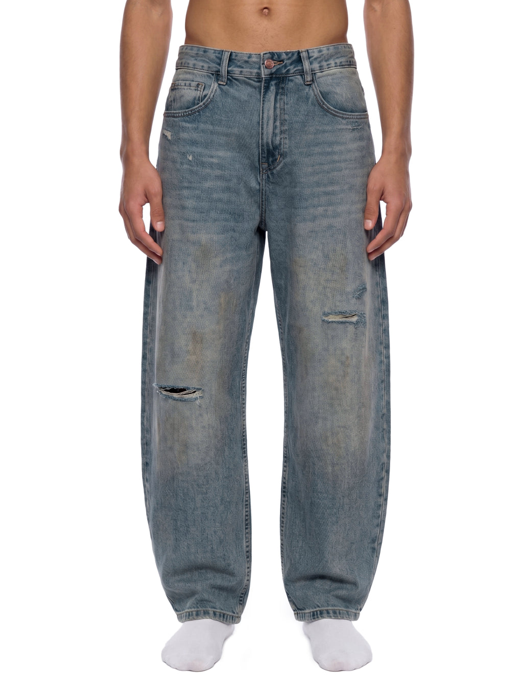 NO NOISE™ DISTRESSED BARREL LEG JEANS